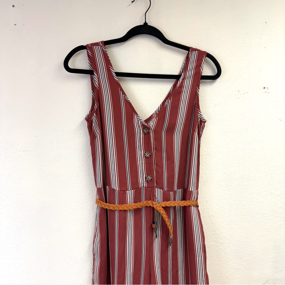 Xhilaration sleeveless belted wide leg romper, maroon stripes buttons, size XS